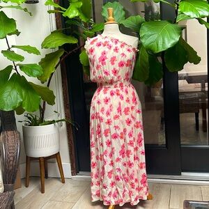 Melloday Pink floral one shoulder ruffle midi dress. Size Medium.